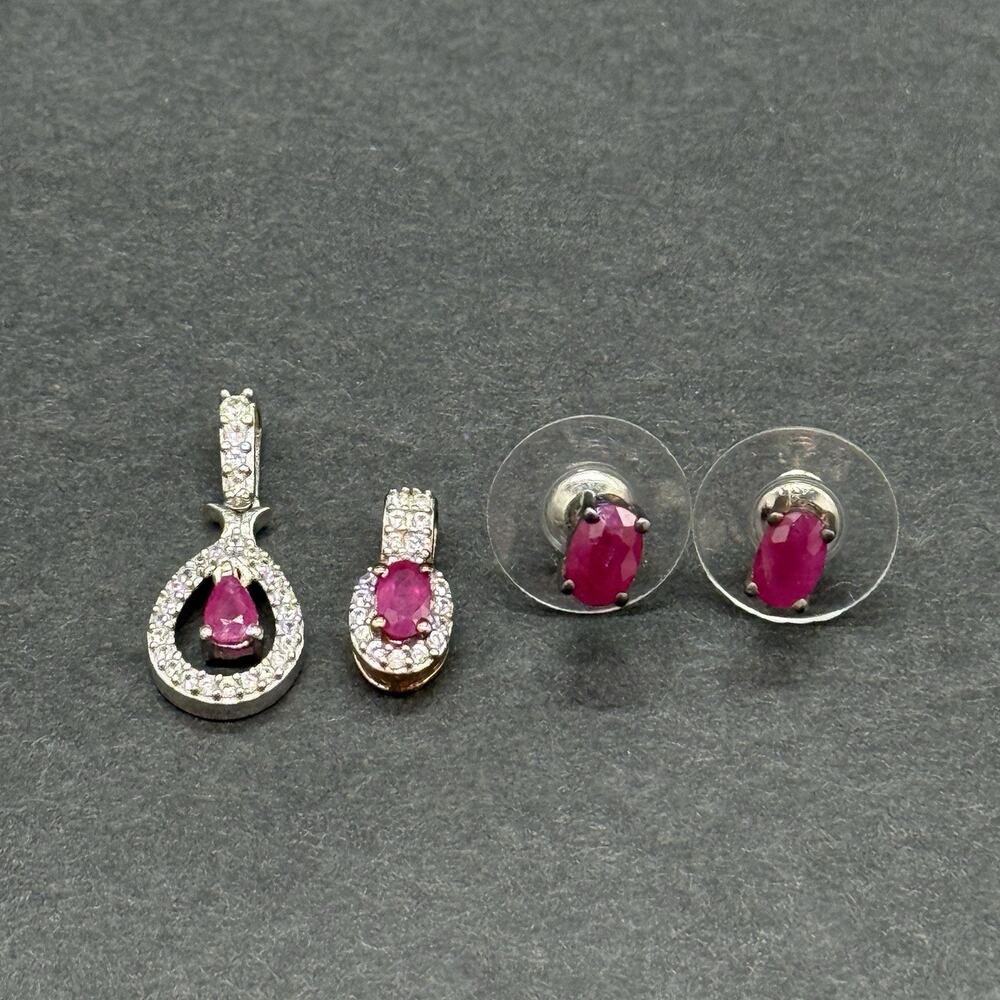 925 Sterling Silver Ruby CZ Jewelry Lot Teardrop Halo Pendants Oval Studs Set